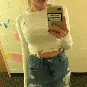 White Distressed Crop Sweater